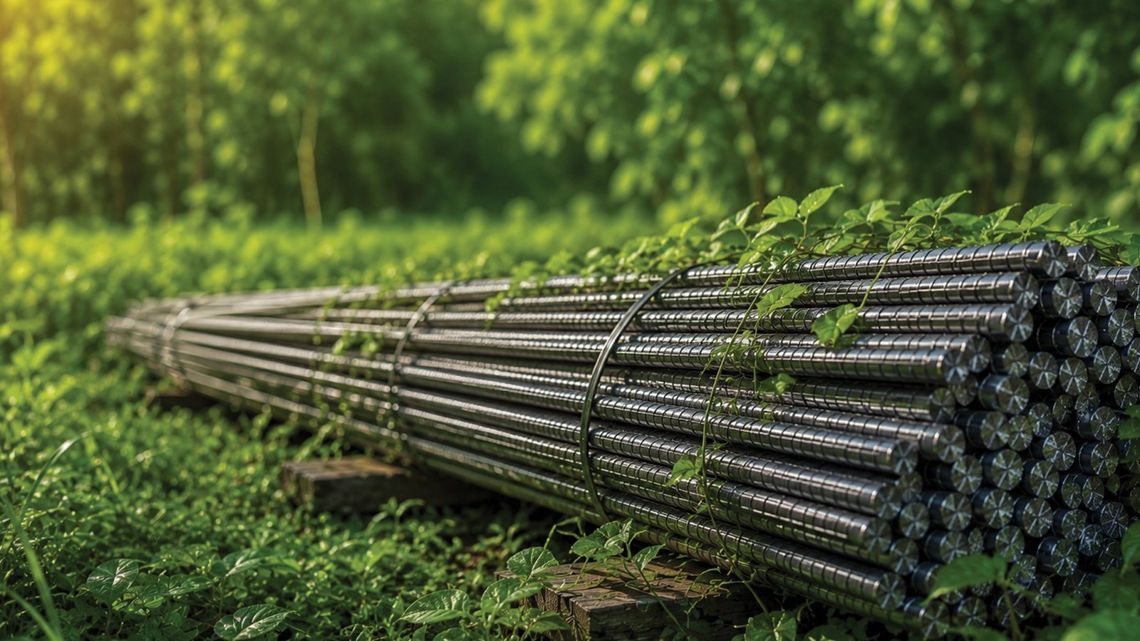 Reinforcing steel surrounded by green vegetation, representing lower-carbon material choices