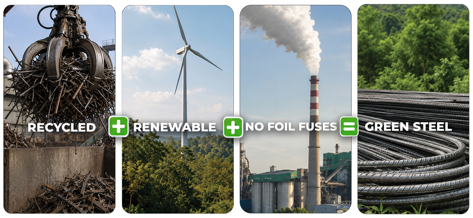 Recycled steel, renewable energy, reduced fossil-fuel dependence, and finished reinforcing steel illustrating the ARS Green Steel manufacturing route
