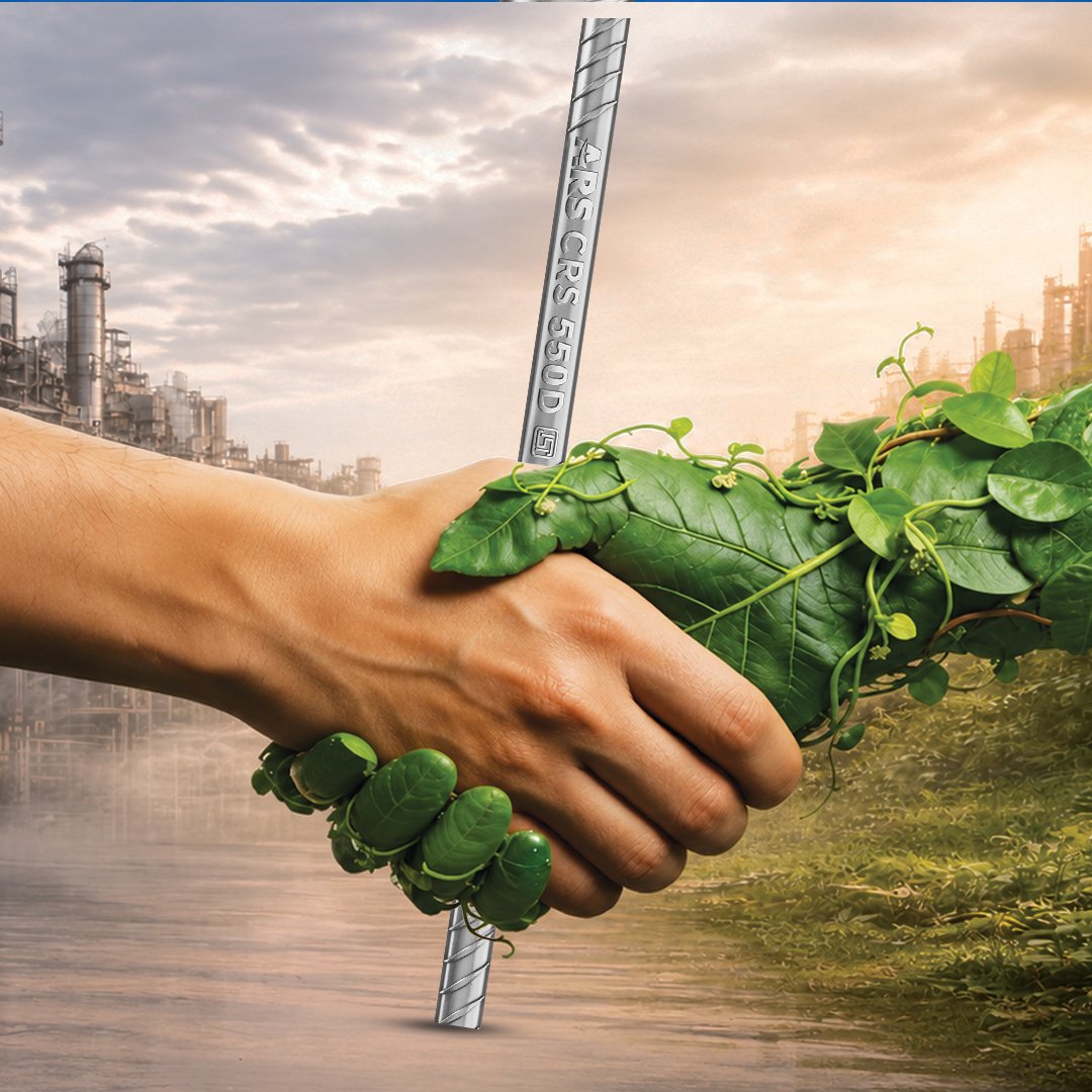 A construction professional and a nature-covered hand holding ARS CRS Fe 550D reinforcing steel
