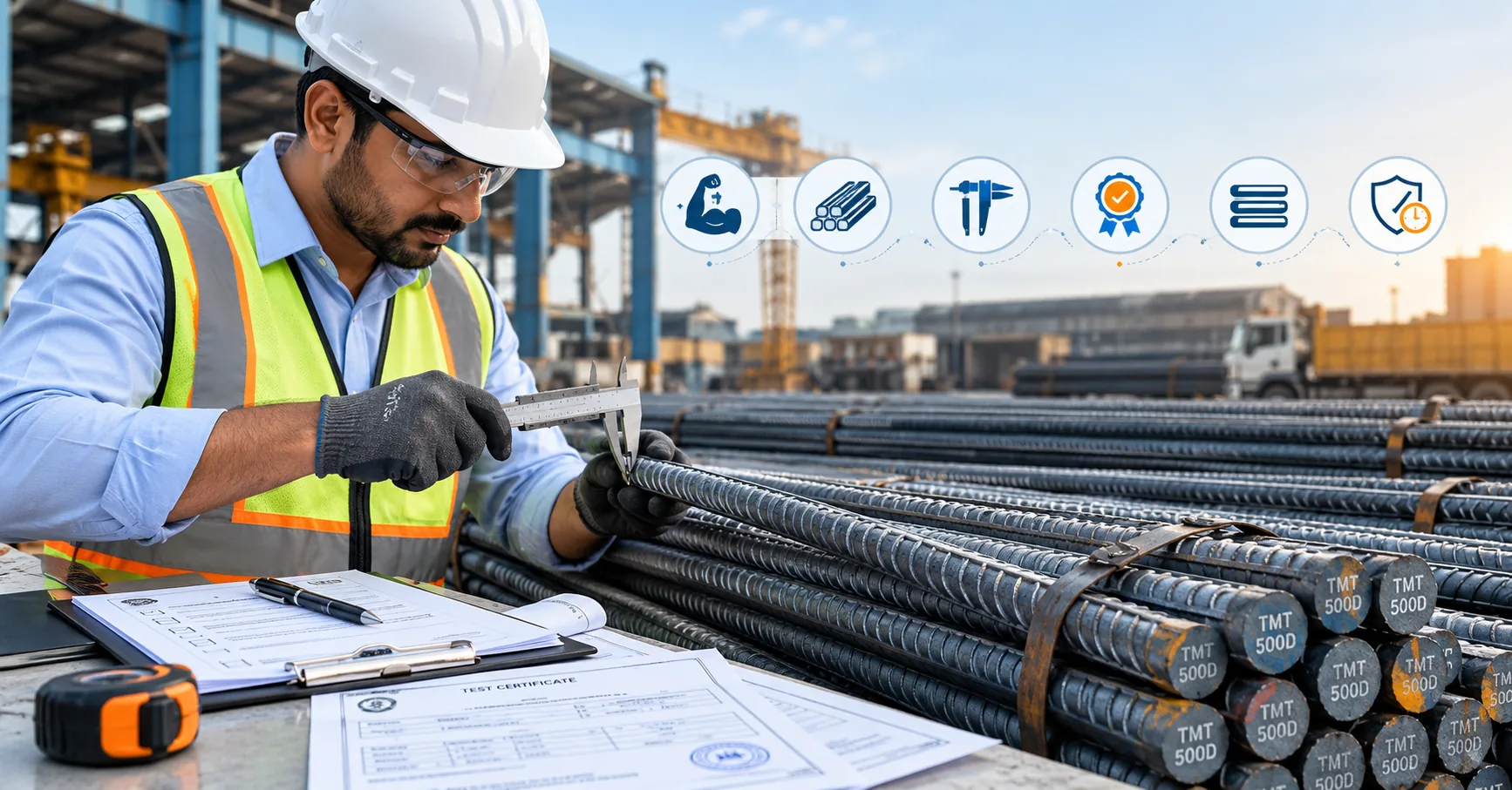 Illustration of a construction professional inspecting bundled TMT bars and purchase documents.