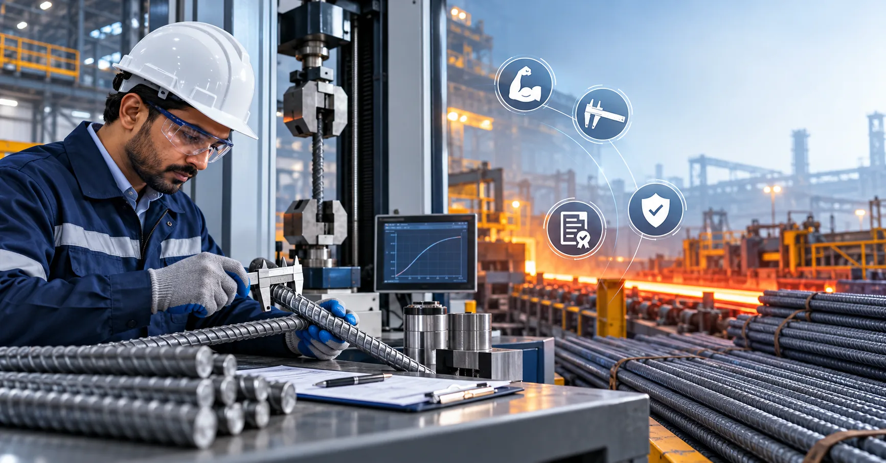 Illustration of a technician examining TMT bars beside a testing machine.