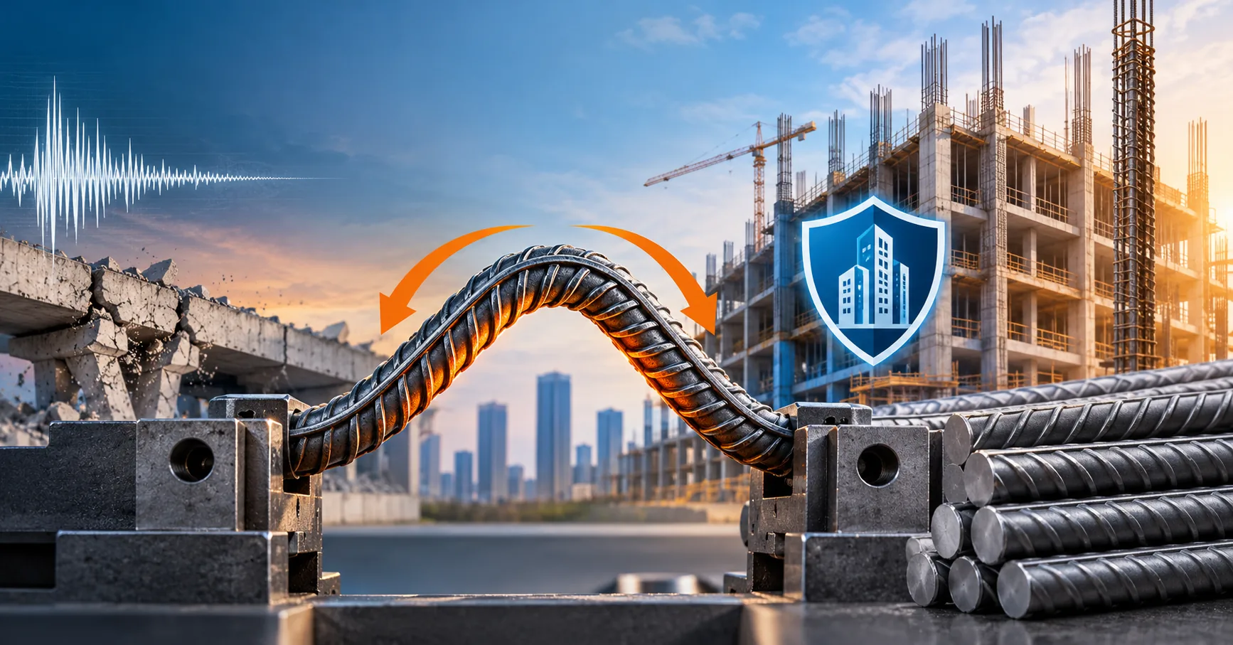 Illustration showing a TMT bar bending beside a construction site.