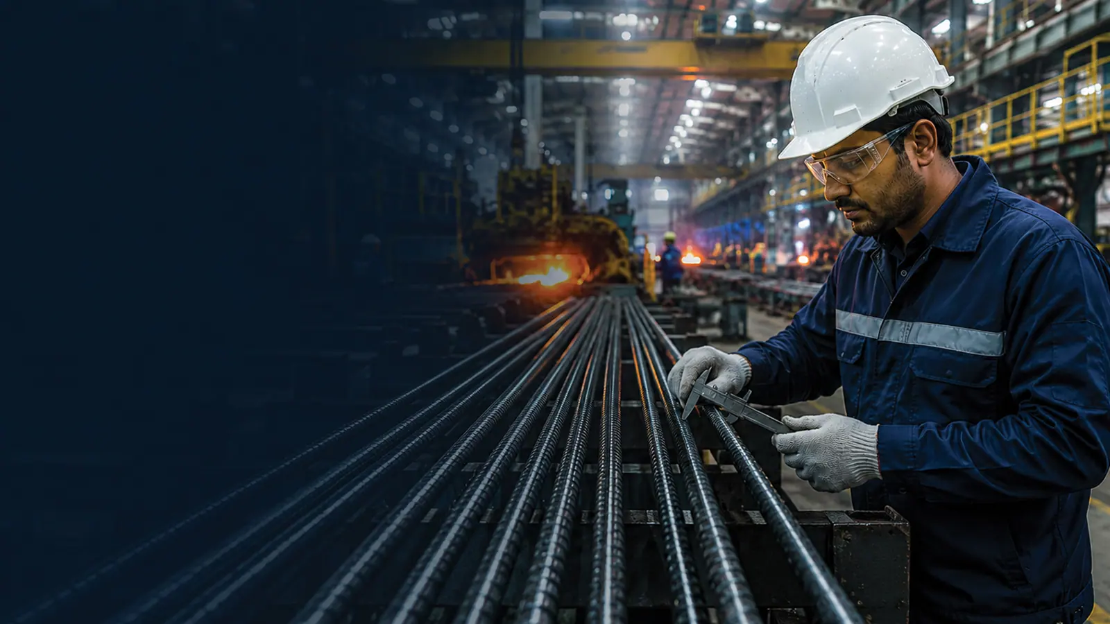 ARS quality inspector measuring TMT bars at the manufacturing facility