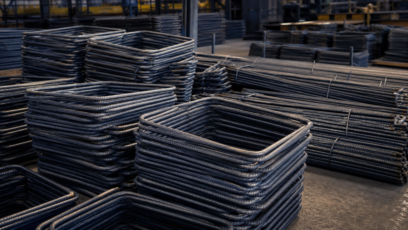 Temporary placeholder showing factory-made steel binders stacked on a production floor