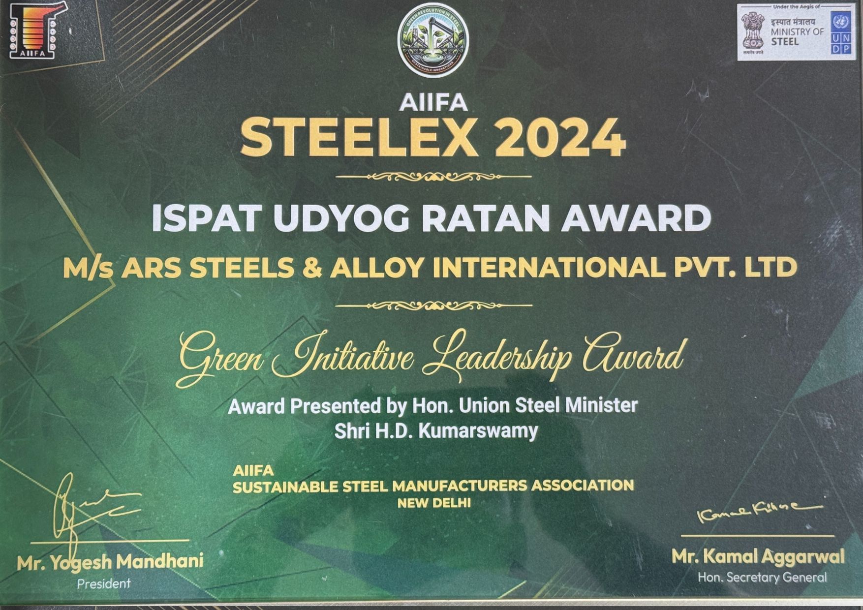 ISPAT Udyog Ratan Award for Green Initiative Leadership (2024) Ministry of Steels